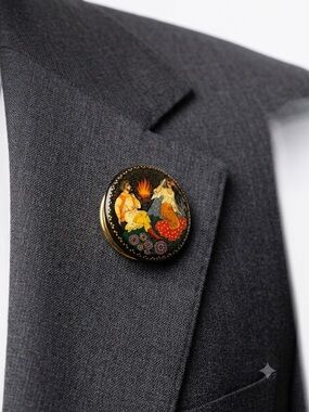 Vintage Russian Hand-Painted Black and Gold Enamel Lapel Pin